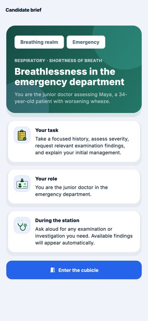 OSCEY candidate brief for a breathlessness station: the setting, your task, your role, and how findings work