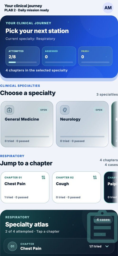 OSCEY clinical journey with PLAB 2 selected: specialty map, chapter list and a daily mission ready