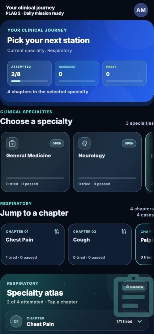 OSCEY clinical journey with PLAB 2 selected, dark mode: specialty map and chapters