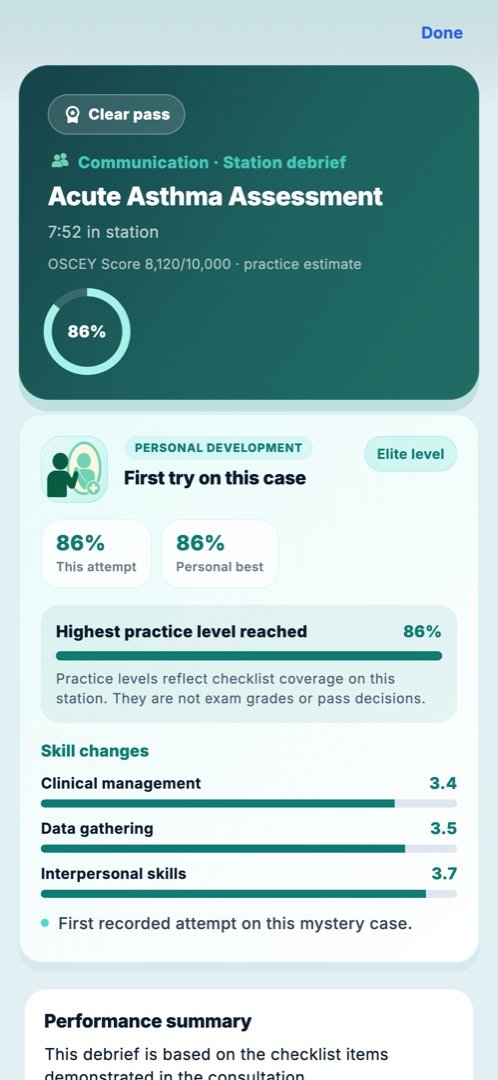 OSCEY station debrief with a practice score, domain breakdown and skill changes